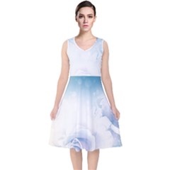 Beautiful Floral Design In Soft Blue Colors V-neck Midi Sleeveless Dress  by FantasyWorld7