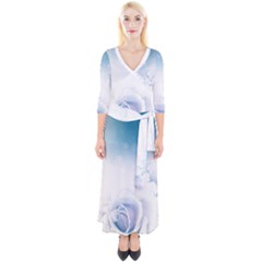 Beautiful Floral Design In Soft Blue Colors Quarter Sleeve Wrap Maxi Dress by FantasyWorld7