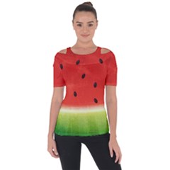 Juicy Paint Texture Watermelon Red And Green Watercolor Shoulder Cut Out Short Sleeve Top by genx