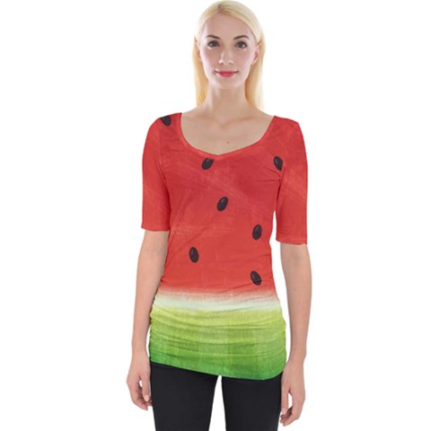 Juicy Paint Texture Watermelon Red And Green Watercolor Wide Neckline Tee by genx