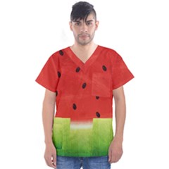 Juicy Paint Texture Watermelon Red And Green Watercolor Men s V-neck Scrub Top