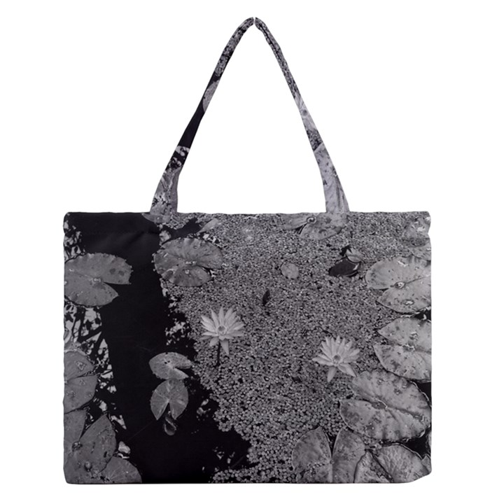 Black and White Lily Pond Zipper Medium Tote Bag