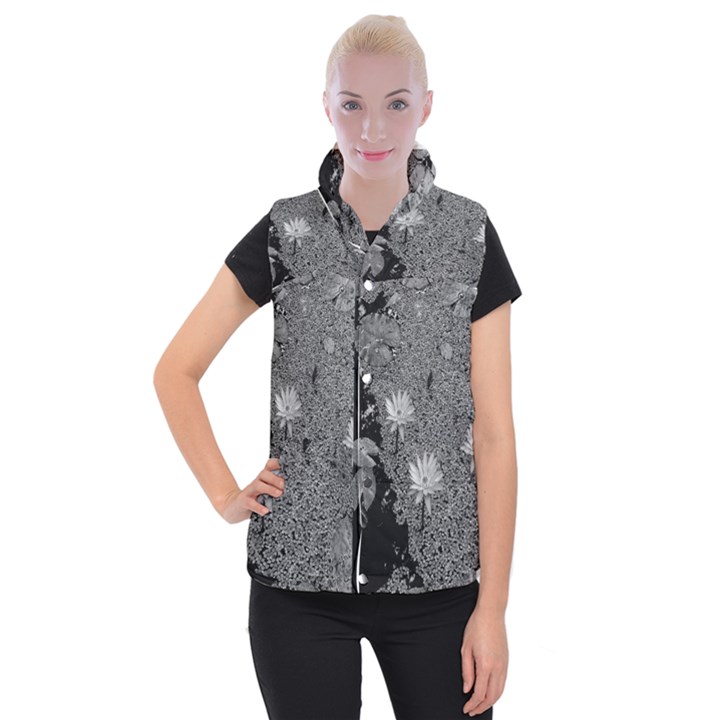 Black and White Lily Pond Women s Button Up Vest