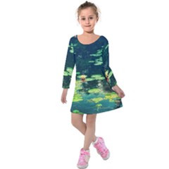 Lily Pond Ii Kids  Long Sleeve Velvet Dress by okhismakingart