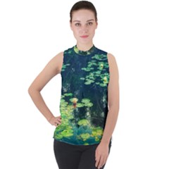 Lily Pond Ii Mock Neck Chiffon Sleeveless Top by okhismakingart