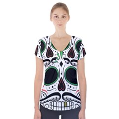 Day Of The Dead Skull Sugar Skull Short Sleeve Front Detail Top by Sudhe