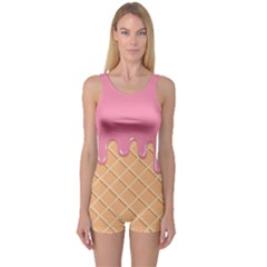 Ice Cream Pink Melting Background With Beige Cone One Piece Boyleg Swimsuit by genx