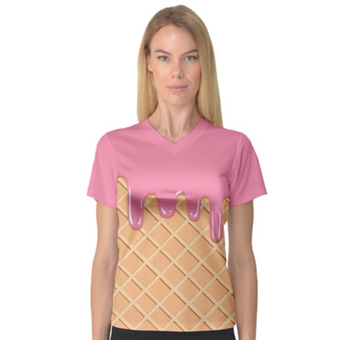 Ice Cream Pink Melting Background With Beige Cone V-neck Sport Mesh Tee by genx