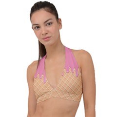 Ice Cream Pink Melting Background With Beige Cone Halter Plunge Bikini Top by genx