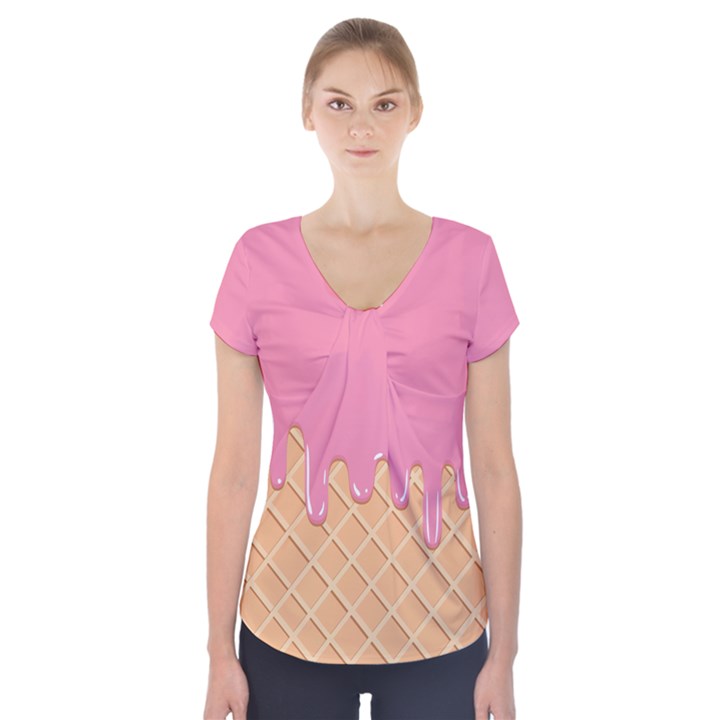 Ice Cream Pink melting background with beige cone Short Sleeve Front Detail Top