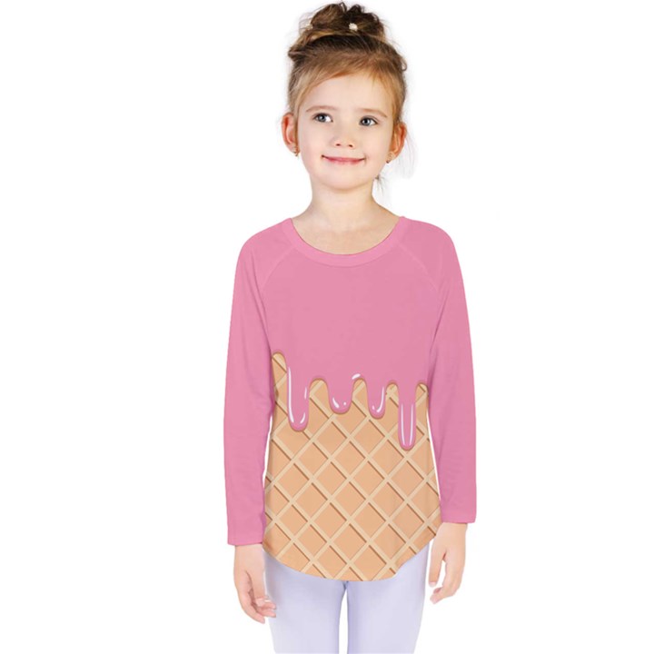 Ice Cream Pink melting background with beige cone Kids  Long Sleeve Tee