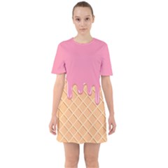 Ice Cream Pink Melting Background With Beige Cone Sixties Short Sleeve Mini Dress by genx