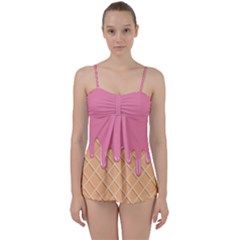 Ice Cream Pink Melting Background With Beige Cone Babydoll Tankini Set by genx