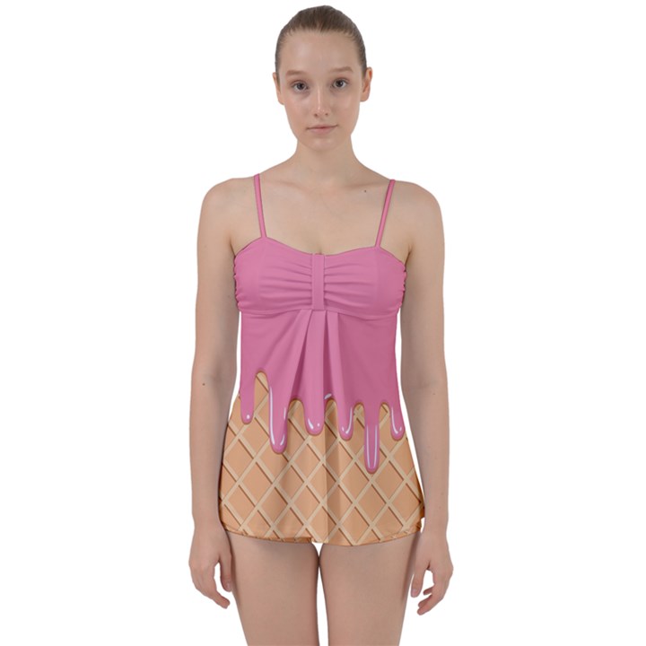 Ice Cream Pink melting background with beige cone Babydoll Tankini Set