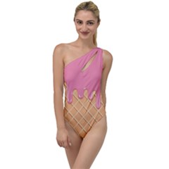 Ice Cream Pink Melting Background With Beige Cone To One Side Swimsuit by genx