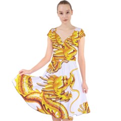 Chinese Dragon Golden Cap Sleeve Front Wrap Midi Dress by Sudhe