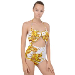 Chinese Dragon Golden Scallop Top Cut Out Swimsuit by Sudhe