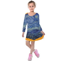 The Starry Night Starry Night Over The Rhne Pain Kids  Long Sleeve Velvet Dress by Sudhe