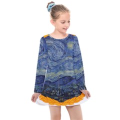 The Starry Night Starry Night Over The Rhne Pain Kids  Long Sleeve Dress by Sudhe