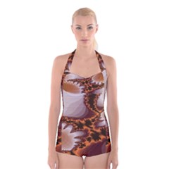 Fractal Pattern Shades Of Brown Boyleg Halter Swimsuit  by Pakrebo