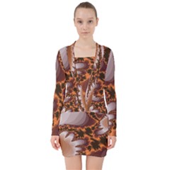 Fractal Pattern Shades Of Brown V-neck Bodycon Long Sleeve Dress by Pakrebo