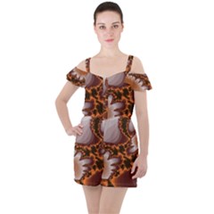 Fractal Pattern Shades Of Brown Ruffle Cut Out Chiffon Playsuit by Pakrebo