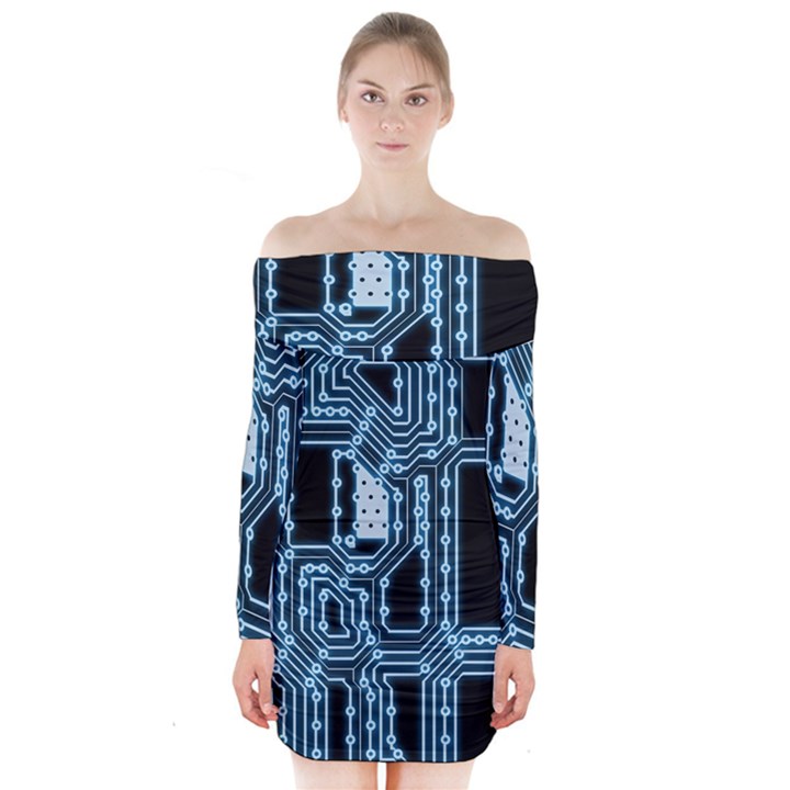 Circuit Pcb Tile Tiling Computer Long Sleeve Off Shoulder Dress