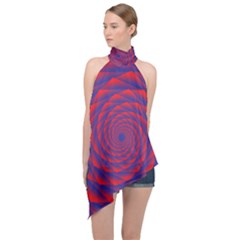 Fractal Rose Blue Red Halter Asymmetric Satin Top by Pakrebo