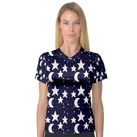 Starry Night Cartoon Print Pattern V-neck Sport Mesh Tee by dflcprintsclothing