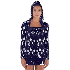 Starry Night Cartoon Print Pattern Long Sleeve Hooded T-shirt by dflcprintsclothing