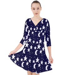 Starry Night Cartoon Print Pattern Quarter Sleeve Front Wrap Dress