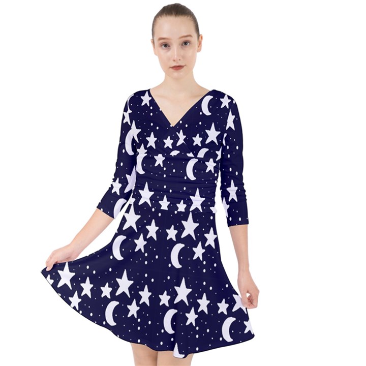 Starry Night Cartoon Print Pattern Quarter Sleeve Front Wrap Dress