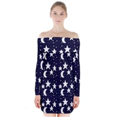 Starry Night Cartoon Print Pattern Long Sleeve Off Shoulder Dress by dflcprintsclothing