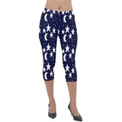 Starry Night Cartoon Print Pattern Lightweight Velour Capri Leggings  by dflcprintsclothing