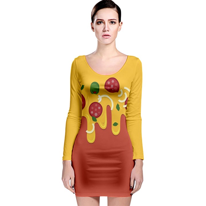 Pizza Topping funny modern yellow melting cheese and pepperonis Long Sleeve Bodycon Dress