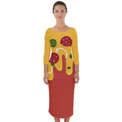 Pizza Topping Funny Modern Yellow Melting Cheese And Pepperonis Quarter Sleeve Midi Bodycon Dress