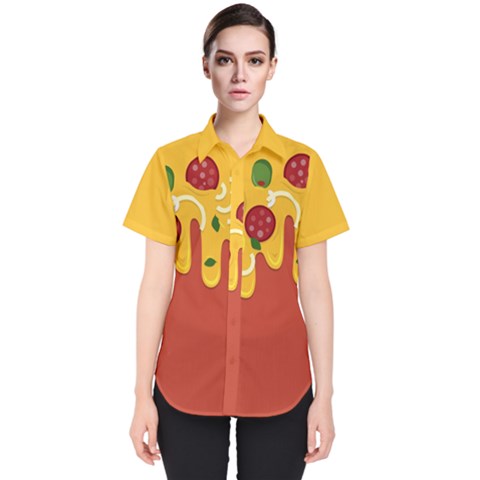 Pizza Topping Funny Modern Yellow Melting Cheese And Pepperonis Women s Short Sleeve Shirt by genx