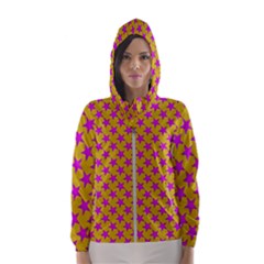 Pink Stars Pattern On Yellow Women s Hooded Windbreaker by BrightVibesDesign