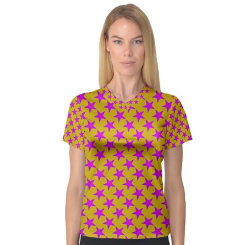 Pink Stars Pattern On Yellow V-neck Sport Mesh Tee by BrightVibesDesign