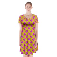 Pink Stars Pattern On Yellow Short Sleeve V-neck Flare Dress by BrightVibesDesign