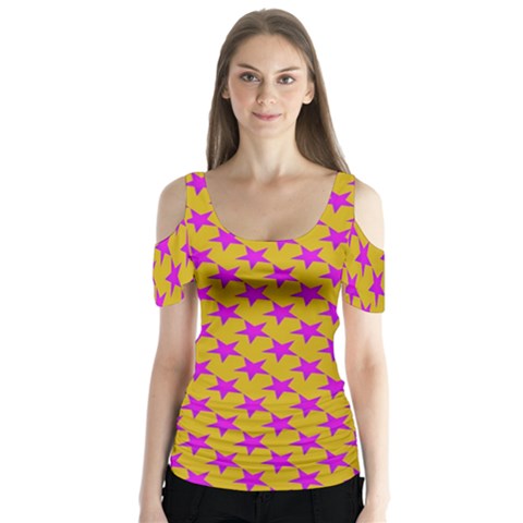 Pink Stars Pattern On Yellow Butterfly Sleeve Cutout Tee  by BrightVibesDesign