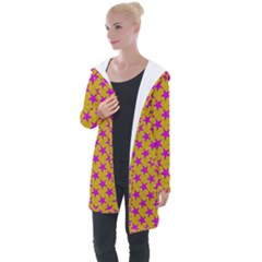 Pink Stars Pattern On Yellow Longline Hooded Cardigan