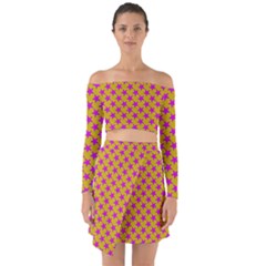 Pink Stars Pattern On Yellow Off Shoulder Top With Skirt Set by BrightVibesDesign