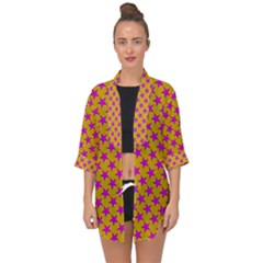 Pink Stars Pattern On Yellow Open Front Chiffon Kimono by BrightVibesDesign