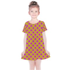 Pink Stars Pattern On Yellow Kids  Simple Cotton Dress by BrightVibesDesign