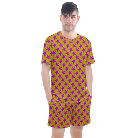 Pink Stars Pattern On Yellow Men s Mesh Tee And Shorts Set by BrightVibesDesign