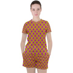 Pink Stars Pattern On Yellow Women s Tee And Shorts Set