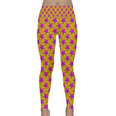 Pink Stars Pattern On Yellow Lightweight Velour Classic Yoga Leggings by BrightVibesDesign