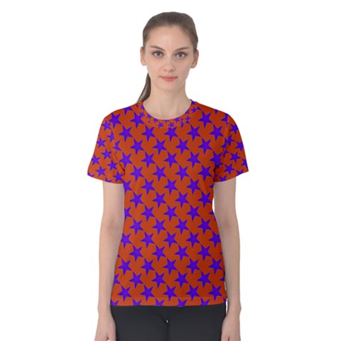 Purple Stars Pattern On Orange Women s Cotton Tee by BrightVibesDesign