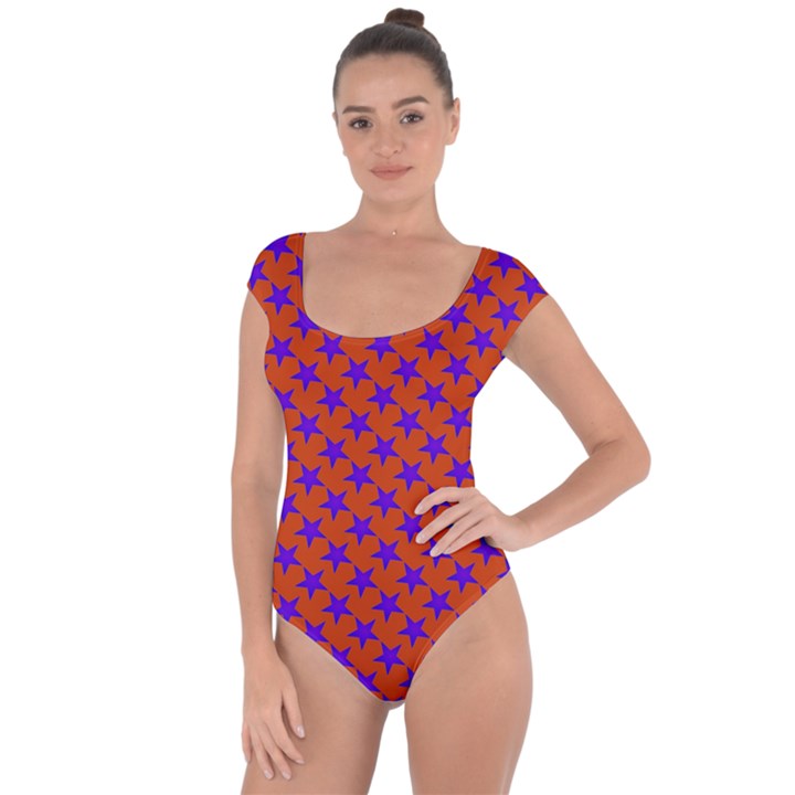 Purple Stars Pattern On Orange Short Sleeve Leotard 